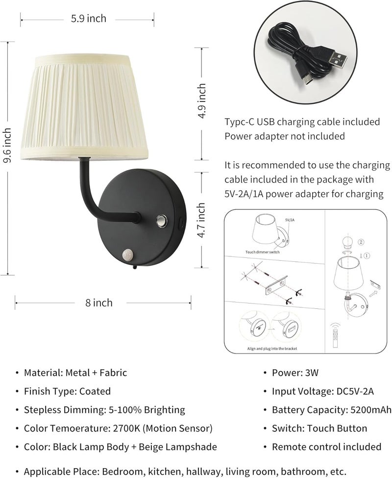 PUSU Motion Sensor Black H9.6 inch Small Wall Sconces Set of 2, LED Cordless Rechargeable 5200mAh Battery Operated Fabric Wall Lamps with Remote, Lighting for Living Room, Bedroom, Hallway, Stairs - Image 5